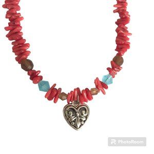 Vintage Fleur de Lis Heart Charm Necklace Choker Red Coral Saints Mardi Gras